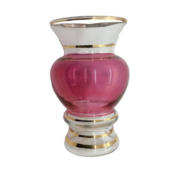 Bartlett-Collins Vintage Cranberry Glass Bud Vase with 4 Gold Rings - Picture 1 of 5